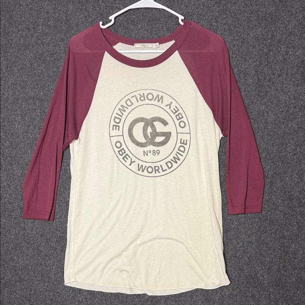 Obey Worldwide OG N89 Baseball Tee Womens Large Burgundy Cream 3/4 Raglan Sleeve